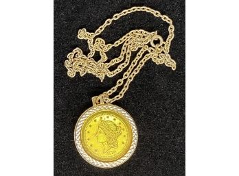 Vintage Gold Tone Bicentennial 1776 Twenty D Coin Medallion Pendant Necklace Replica