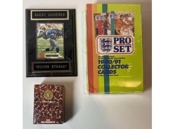 NFL Lot: 90-91 PRO Set Collectos Carfs- New, Barry Sanders Topps Stadium Card With Plaque, & 91 Pro Prospects