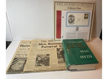 JFK Lot- Album, Old Newspapers, Book, And First Day JFK Stamp