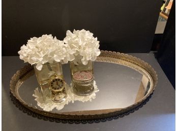Oval Mirrored Shaped Tray With Clock, 2 White Hydrangea Flowers And Oval Jewelry Holder
