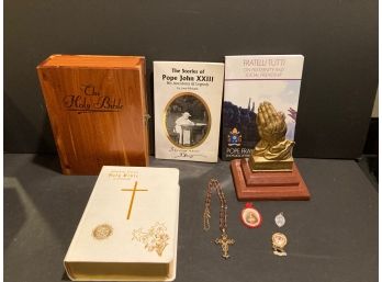 Religious Lot- Bible With Box, Cross, Books, Etc.