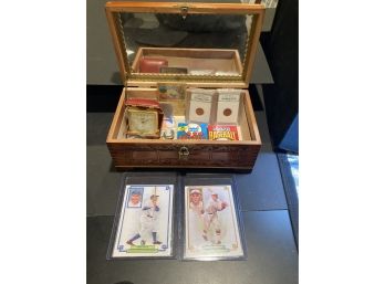 Decorative Wooden Box (Winter Scene On Top)with Coins, Baseball Items, And More