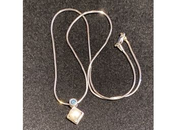 14k White Gold Necklace With Pearl And Aquamarine Pendant - 16' Long