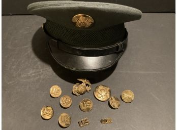 Military Hat And Pins/ Medals
