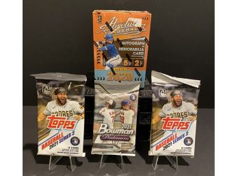 New/sealed: 21 Topps MLB Series 2  Packs(2), 21 Bowman Platinum MLB Pack, & 21 Panini Absolute MLB Box