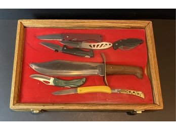 Various Knives, Pocket Knife In Glass/ Wood Display Chest