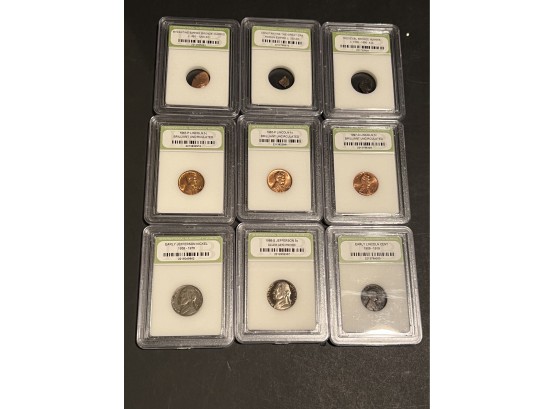 INB Slabbed Coins - Jefferson Nickels, Lincoln Pennies, And Older Coins - 9 Total