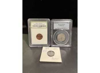 2005- D CA Quarter PCGS MS66,1854 Half Dime(arrows), & 79-D Lincoln One Cent