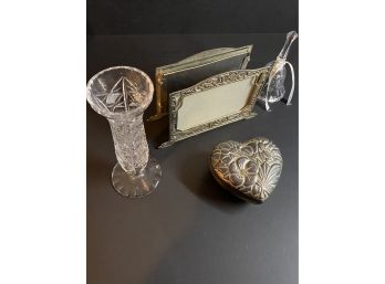 Crystal Bell, Vase, Heart Shaped Jewelry Holder, & Napkin Holder