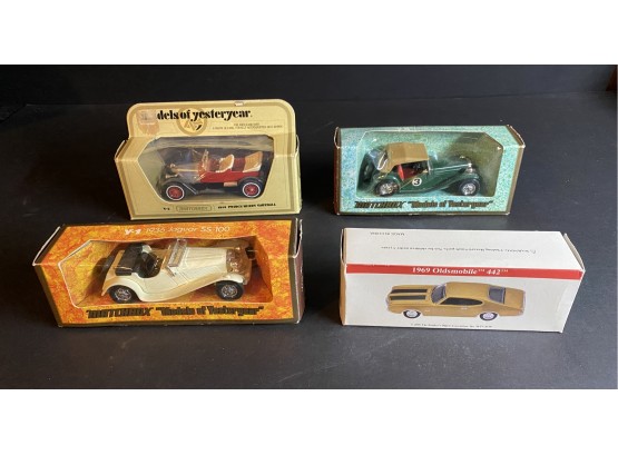 4 Toy Cars: 1936 Jaguar SS-100, Y-8 1945 MGTC, 1968 Oldsmobile 442, 1914 Prince Henry Vauxhal
