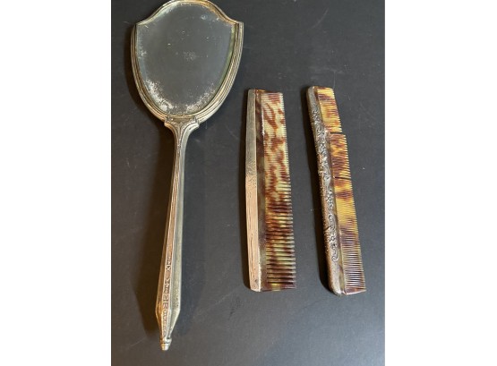 Sterling Silver Hand Held Mirror And Brush Holders