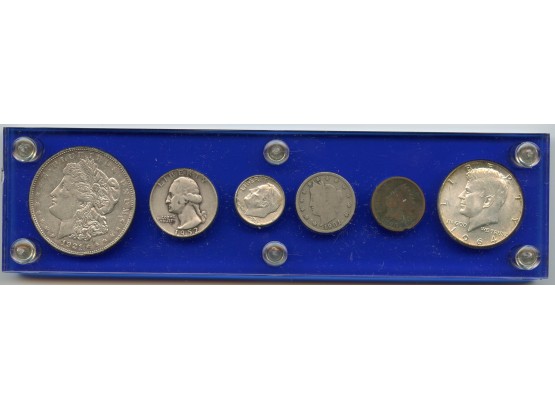 1921-D Morgan Silver Dollar, 1964 Kennedy Half Dollar, 1901 V Nickel,  1952- D Quarter