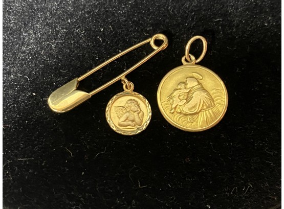 1 Larger 18k Gold Pendant & 1 Smaller 14k Gold Pendant W/ 14k Gold Safety Pin