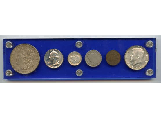 1921-D Morgan Silver Dollar,1964 Quarter,1955-s Rosevelt Dime, 1910 V Nickel, 1906 Indian Penny 1964 Kennedy H