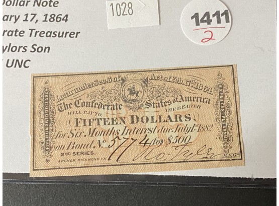 Confederate States $15 Dollar Note - Not Verified As Authentic