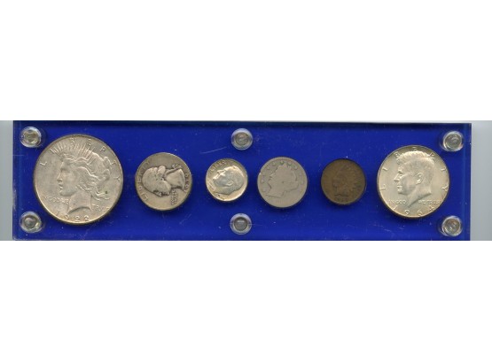 1922-S Peace Dollar,1939 Quarter, 1964 Rosevelt Dime,1900 ? V-Nickel , 1903 Indianhead Penny, 1964 Kennedy Hal