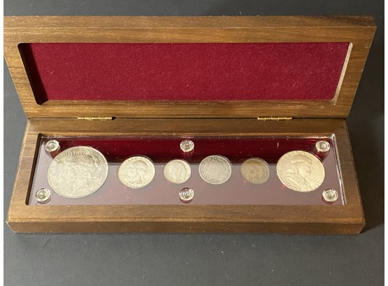 1923 Peace Dollar, 62-D Quarter, 63-D Dime, 1908 V Nickel, 1905 Indian Head Penny, & 65 Half Dollar