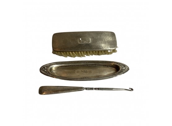 Sterling Silver Shoe Brush, Lace Hook, And Tray