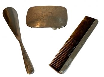 Sterling Silver Antique Shoe Horn, Comb, And Show Brush