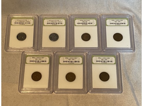 INB Slabbed Coins - (1) Indian Head Penny1900, (4) Early Lincoln Cent  1930-1939, (2)1943 Lincoln Steel Cent