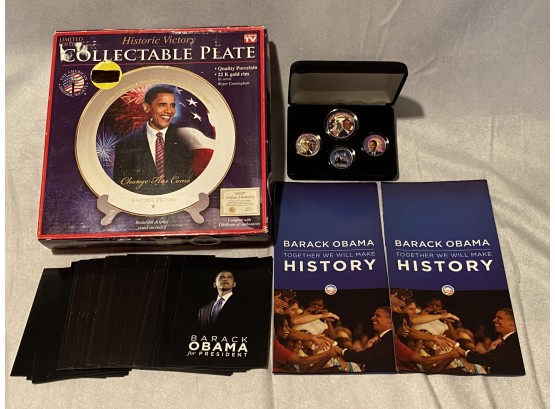 Barack Obama Lot:  Election Plate, 5 Collector Coins,  Original Campaign Pamphlets