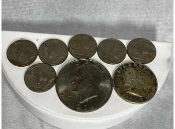 Eisenhower Dollar, Benjamin Quarter, 6 Buffalo Nickles