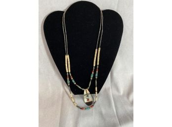 22' Long 1970s Native American Mother Of Pearl, Turquoise, Coral Onyx Teardrop Sterling Silver  Pendant