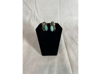 1950s Vintage Clip On Earrings Genuine Turquoise Stones Sterling Silver