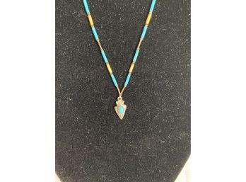 16' Long 1970s Native American  Sterling  Silver Turquoise, Bamboo,  Arrowhead Pendant Necklace Unmarked