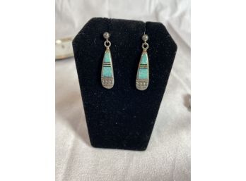 Sterling Silver Earrings  With Turquoise Stones Plus One Paid Of Clip On Earrings - Not Marked