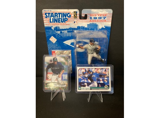 2 Alex Rodriguez Cards  Plus Alex Rodriguez Starting Lineup Collector Club 10th Year 1997 Edition Figure & C