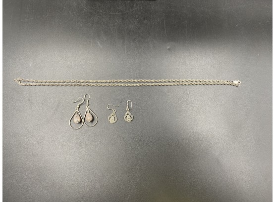 Silver Necklace & 2 Pairs Earrings (1 Is Silver, Other Pair Is Unknown)