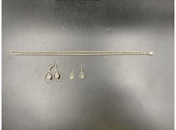 Silver Necklace & 2 Pairs Earrings (1 Is Silver, Other Pair Is Unknown)