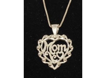 Sterling Silver Necklace And Heart Shaped Mom Pendant