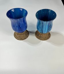 Set Of 2 Hand Painted Vases With Woven Bottoms
