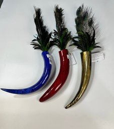 Set Of 3 Painted Horns With Peacock Feathers -Hanging