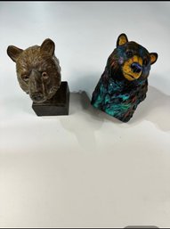 Two Hand Carved And Painted Bear Busts