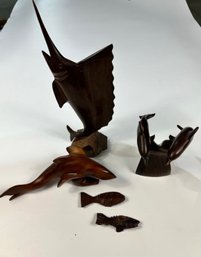 Set Of 5 Carved Wood Fish
