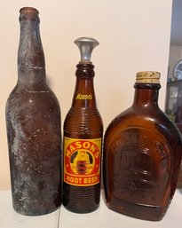 1950s Masons Root Beer 10fl Bottle And 2 Vintage Glaas Bottles
