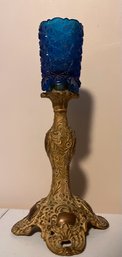 Brass Candle Holder With Vintage Glass Blue Votive
