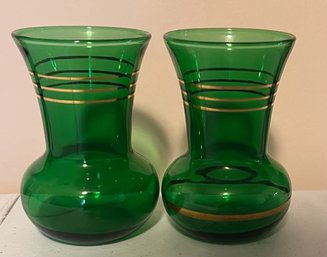 Pair Of Anchor Hocking Forest Green Flared Bud Vases