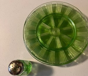 Vintage Uranium Depression Glass Lunch Plates & Salt Shaker.