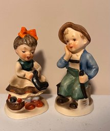 Pair Vintage Napco Figurines 'Little Seamstress' And 'Tired Boy Sitting With Ax'