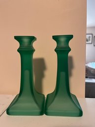 Green Satin Glass Candlestick Holders