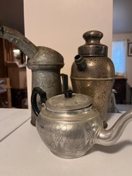 Lot Of 3 Vintage Pieces-teapot-metal Oil Can-art Deco Martini Shaker