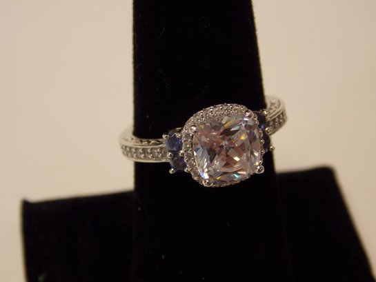 Blue & Clear Stones/Crystal Sterling Silver Ring - Size 8