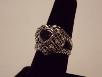 18k Gold, Sterling Silver Garnet Heart Filagree Ring