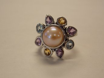 Sterling Silver, Multi-Gemstone & Pearl Ring