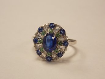 Sterling SIlver & Blue, Green & Clear Stone/Crystal Ring