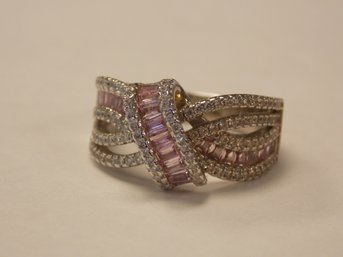 Pink & Clear Stone/Crystal Sterling Silver Ring - Size 8